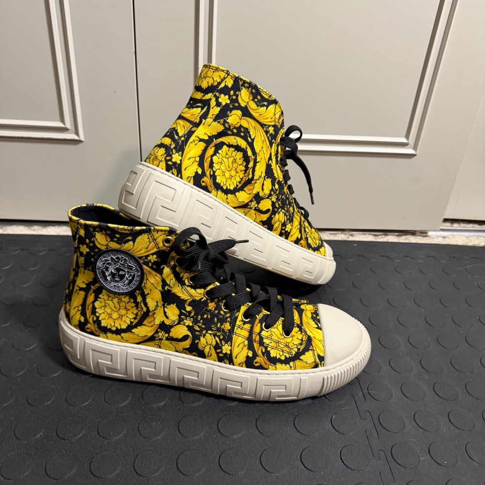 Versace Barocco Print High Top Sneakers Yellow Black Medusa Greca Canvas Mens 9